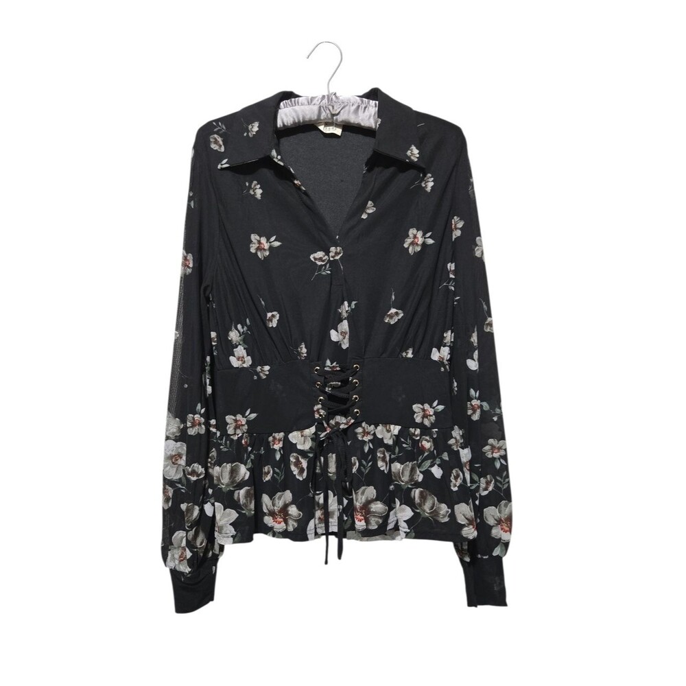 Black Floral Mesh Lace-Up Corset Waist Blouse Romantic Sheer Sleeve Whimsigoth